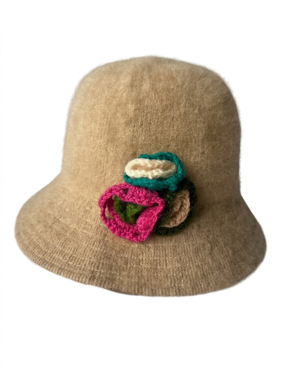 Vintage Made in Italy Angora Wool Knit Bucket Hat Fuzzy Tan Beige Fall Y2K